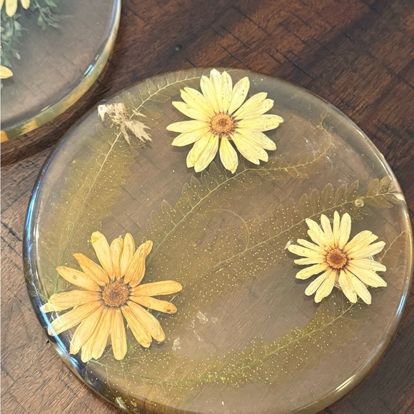 Vintage 50s lucite pressed flower coasters trivet set European antique home - Picture 10 of 14